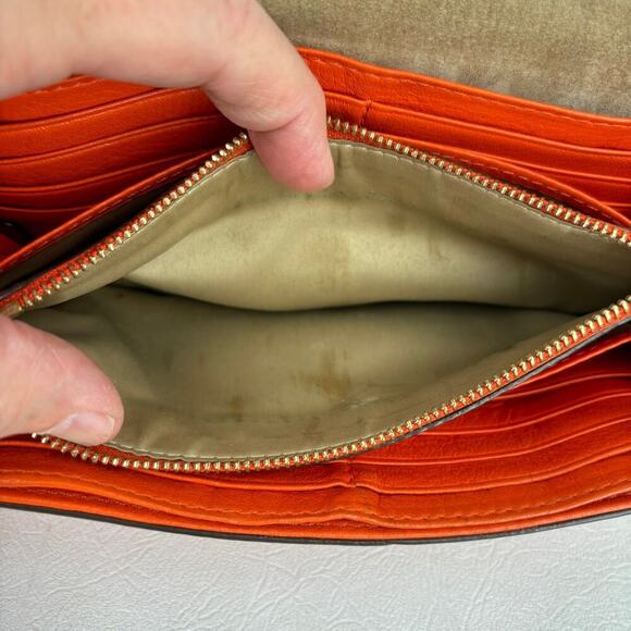 Michael Kors Bancroft Pebbled Calf Leather Wallet Orange Gold Tone Lock - Picture 10 of 16